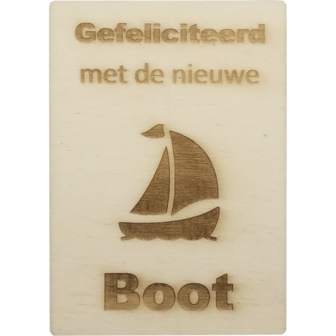 MemoryGift: Houten Kaart A6: Gefeliciteerd met de nieuwe boot (zeilboot)