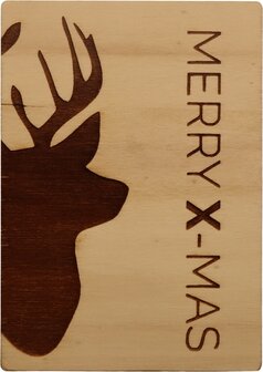 MemoryGift: Houten Kaart A6: Merry X-mas (rendierhoofd)