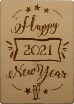 MemoryGift: Houten Kaart A6: Happy 2021 New Year (sterren en champagneglazen)