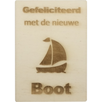 MemoryGift: Houten Kaart A6: Gefeliciteerd met de nieuwe boot (zeilboot)